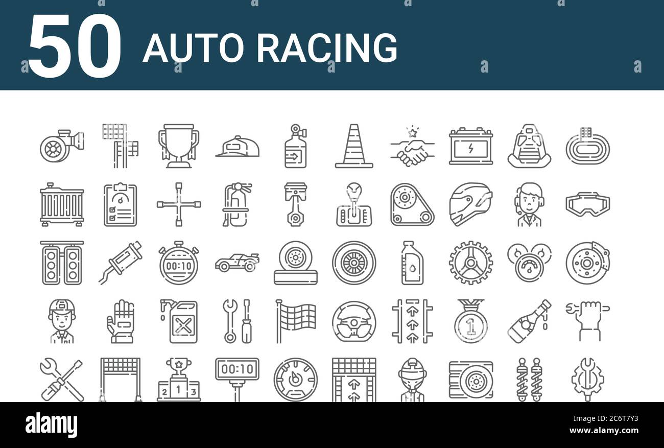 set of 50 auto racing icons. outline thin line icons such as ...
