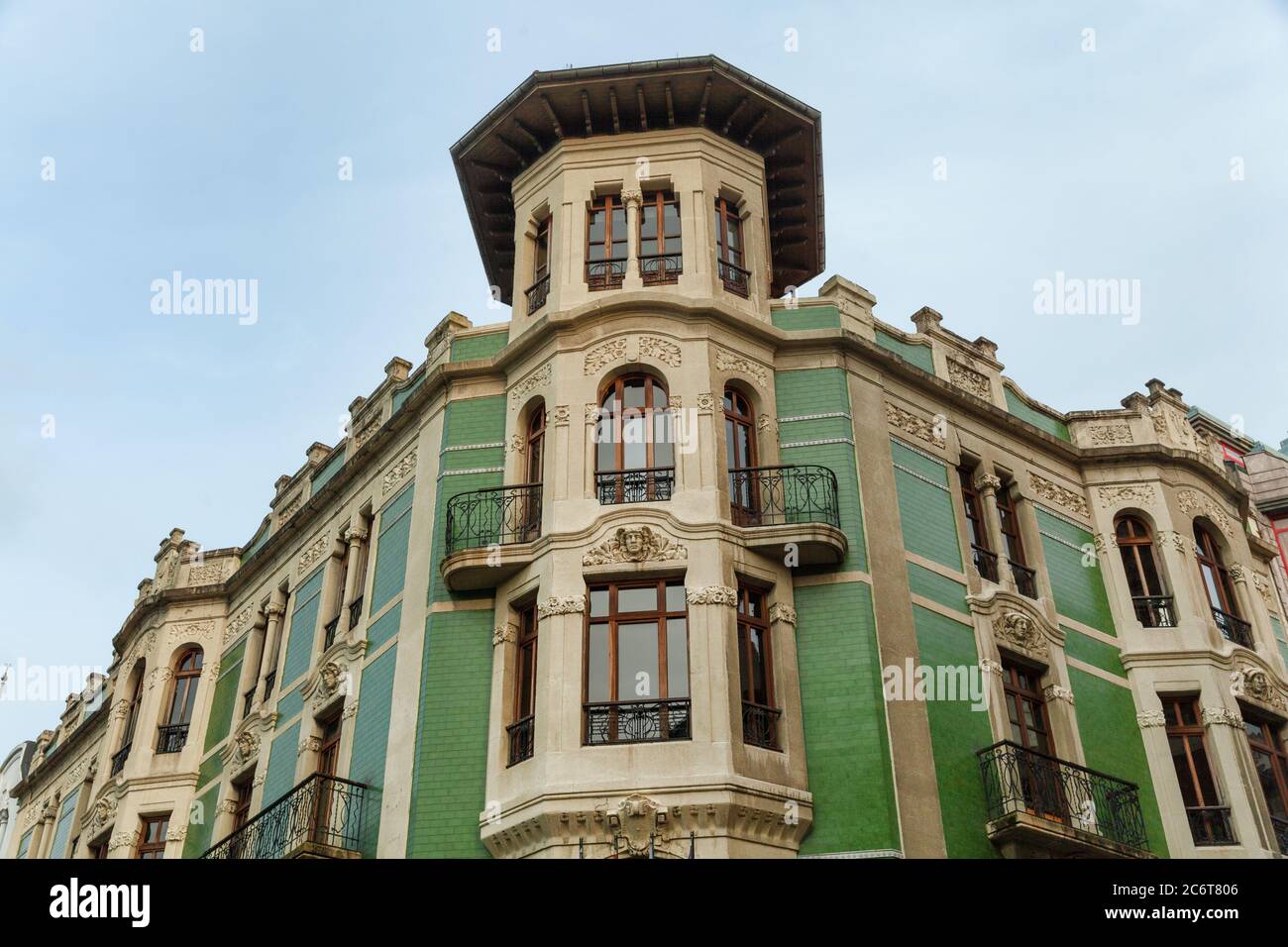 Oviedo, Spain - 11 December 2018: Art Nouveau architecture of Oviedo, Principality building facade also called Edificio Verde Stock Photo