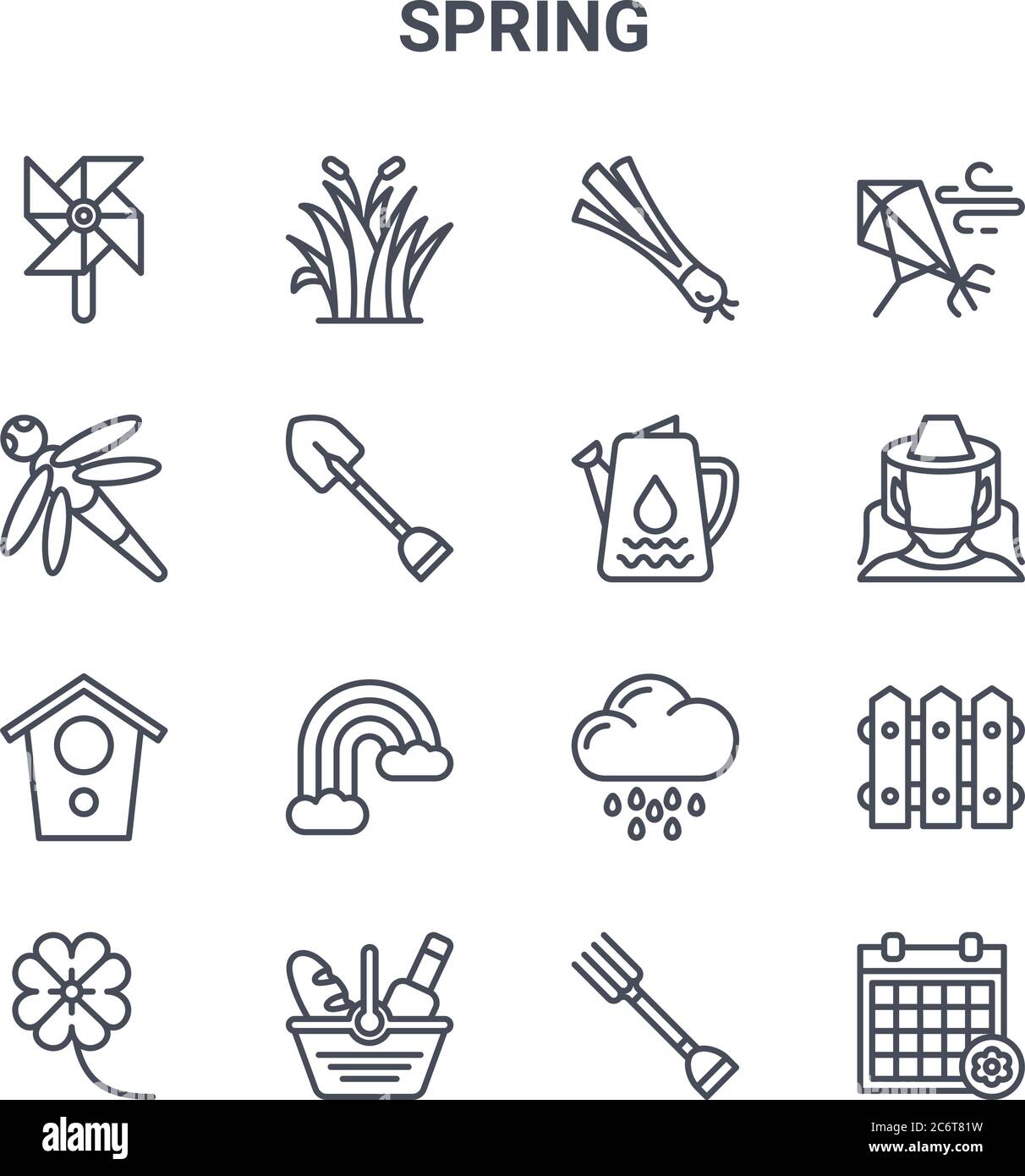 set of 16 spring concept vector line icons. 64x64 thin stroke icons such as grass, dragon fly, beekeeper, rainy day, picnic basket, season, fork, wate Stock Vector