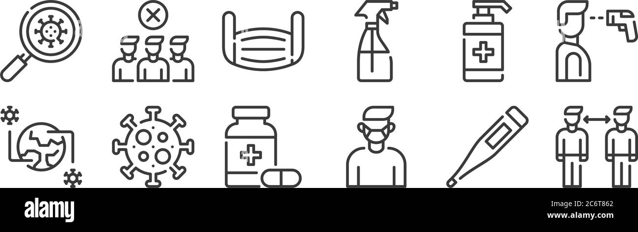 12 set of linear coronavirus icons. thin outline icons such as distance, medical mask, virus, hand sanitizer, mask, avoid crowds for web, mobile Stock Vector