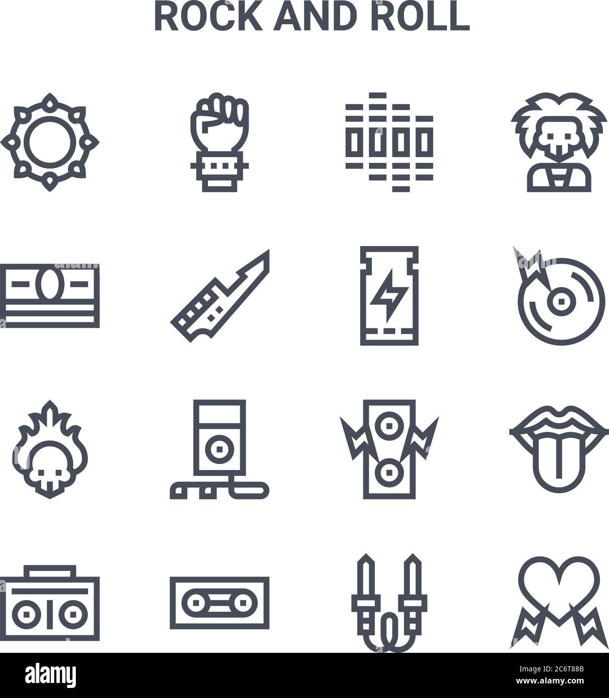 set of 16 rock and roll concept vector line icons. 64x64 thin stroke icons such as hand, money, cd, speaker, cassette tape, heart, audio jack, ticket, Stock Vector