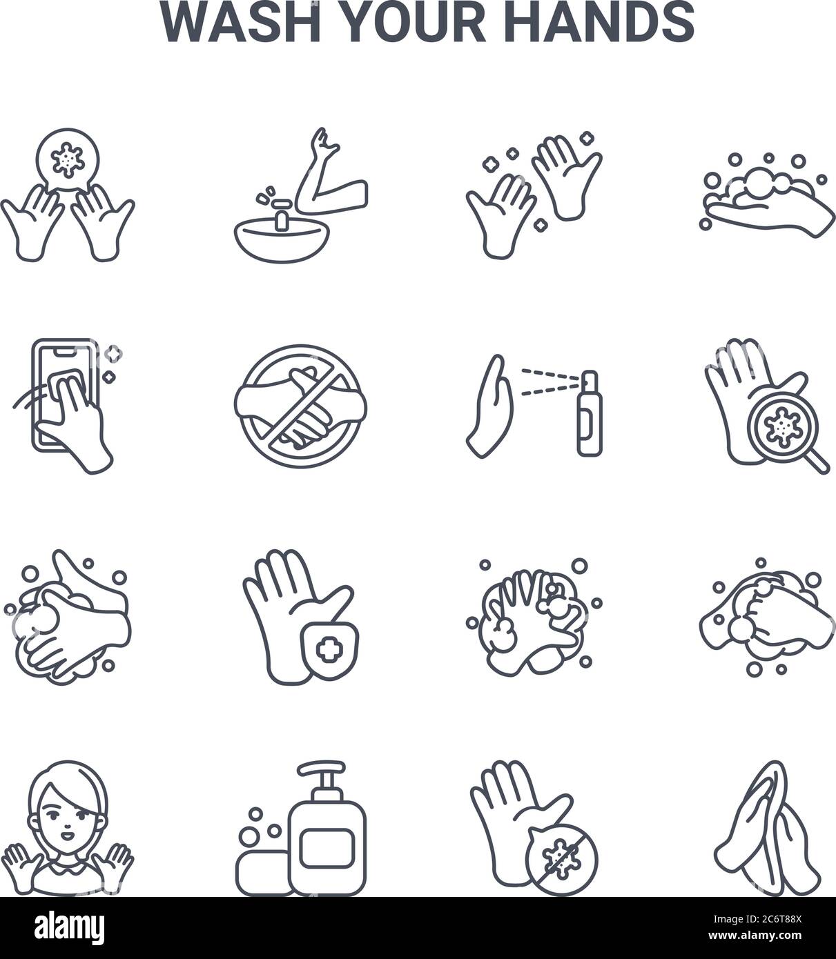 set of 16 wash your hands concept vector line icons. 64x64 thin stroke ...
