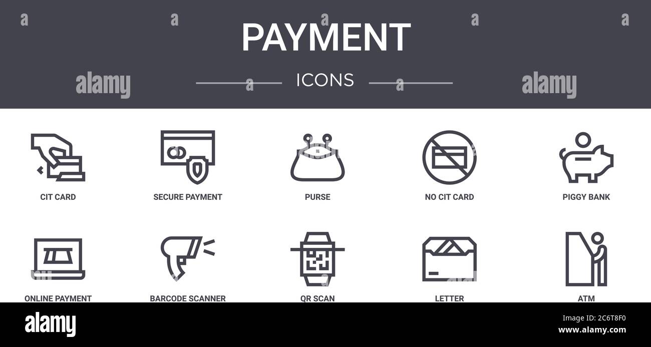 payment concept line icons set. contains icons usable for web, logo, ui/ux such as secure payment, no cit card, online payment, qr scan, letter, atm, Stock Vector