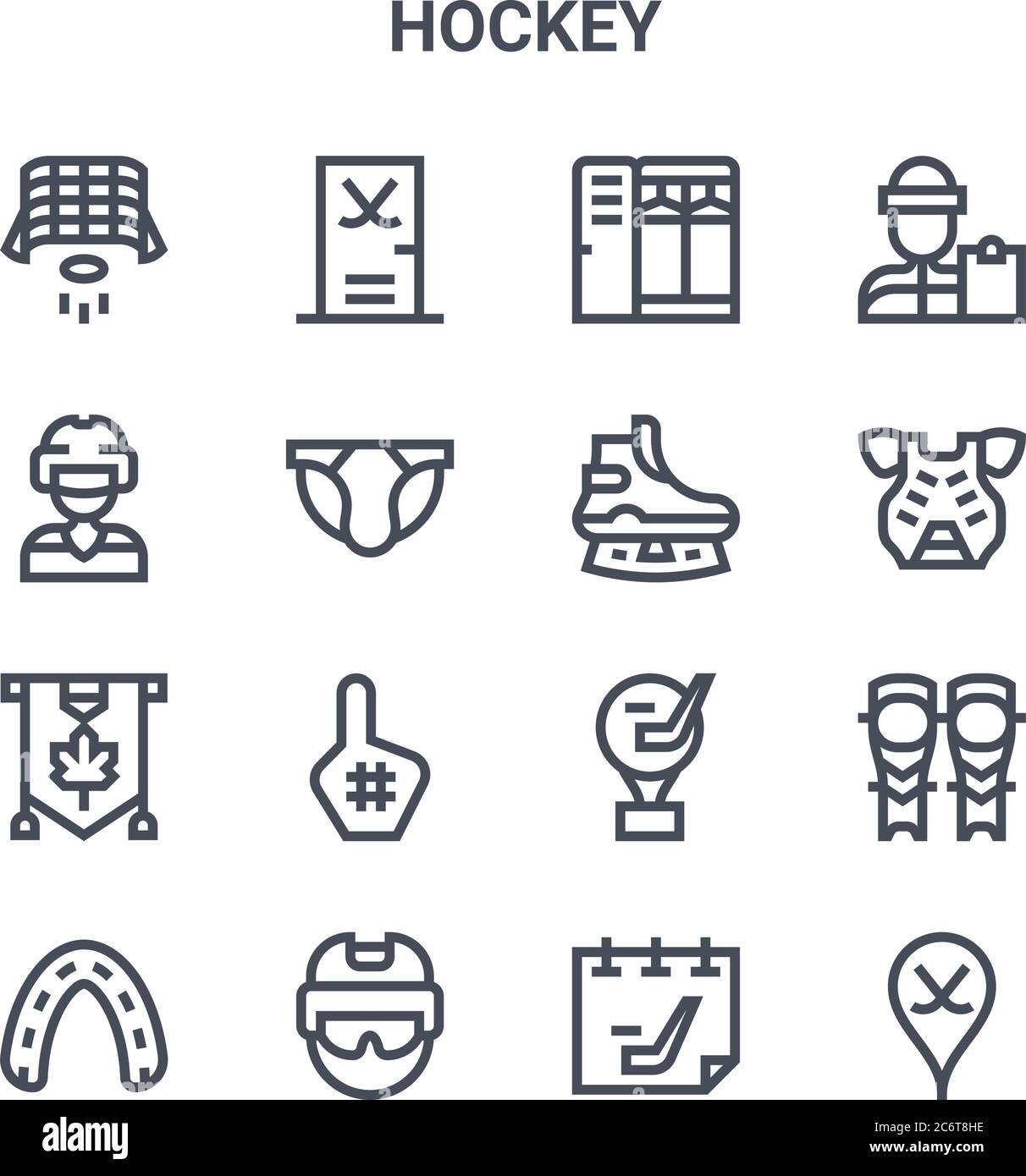 set of 16 hockey concept vector line icons. 64x64 thin stroke icons such as gym, ice hockey, chest guard, trophy, helmet, hockey, ice skate, coach Stock Vector