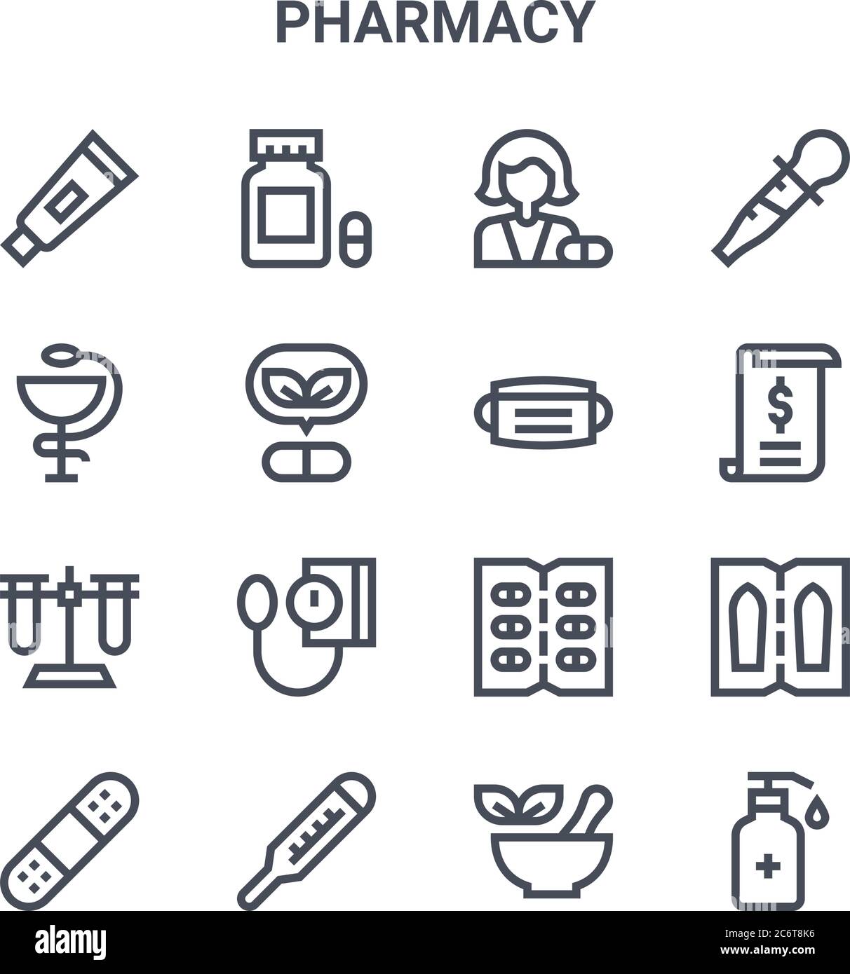 set of 16 pharmacy concept vector line icons. 64x64 thin stroke icons ...
