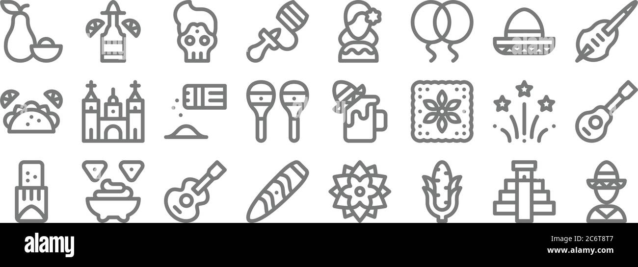 cinco de mayo line icons. linear set. quality vector line set such as mexican, corn, cigar, tamales, fireworks, salt and pepper, toloche, mexican, teq Stock Vector