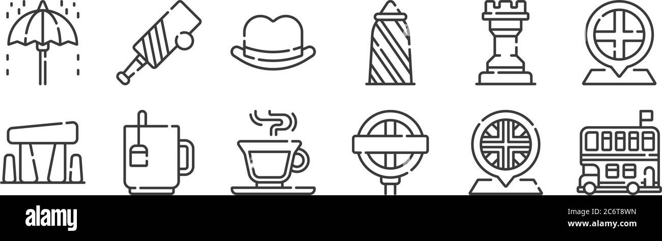 12 set of linear england icons. thin outline icons such as double decker bus, underground, tea, chess piece, fedora hat, cricket for web, mobile Stock Vector