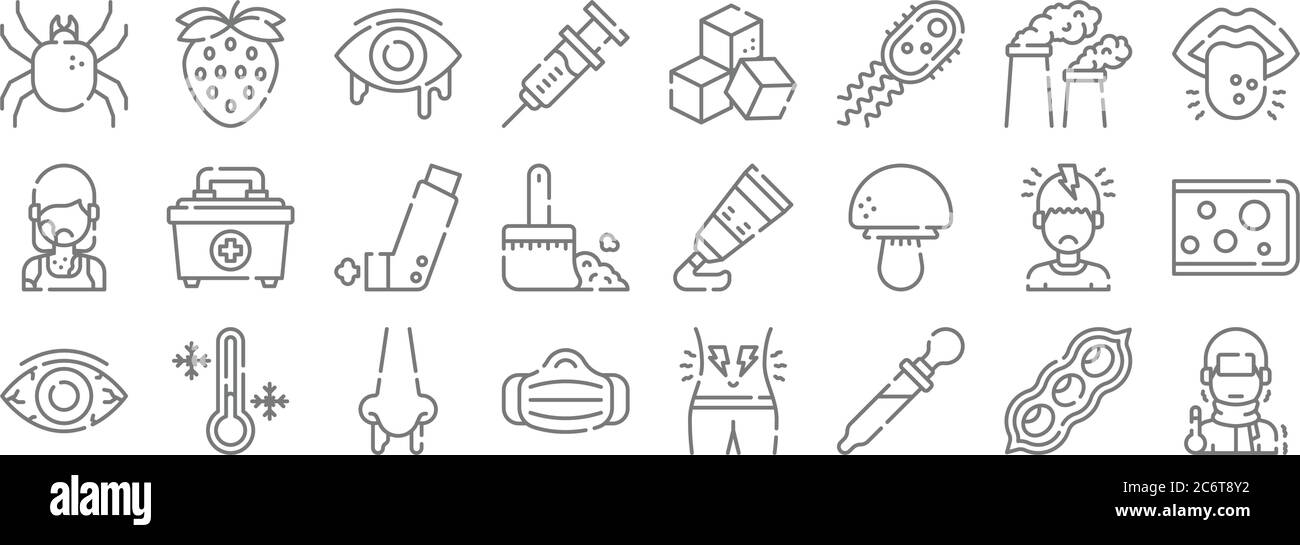 allergies line icons. linear set. quality vector line set such as fever, eye dropper, medical mask, eye, headache, inhaler, tongue, sugar cube, strawb Stock Vector