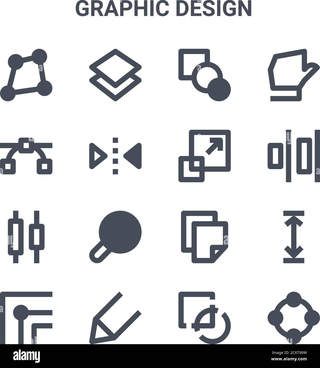 set of 16 graphic design concept vector line icons. 64x64 thin stroke icons such as layers, nodes, align, copy, pencil, nodes, intersect, resize, hand Stock Vector