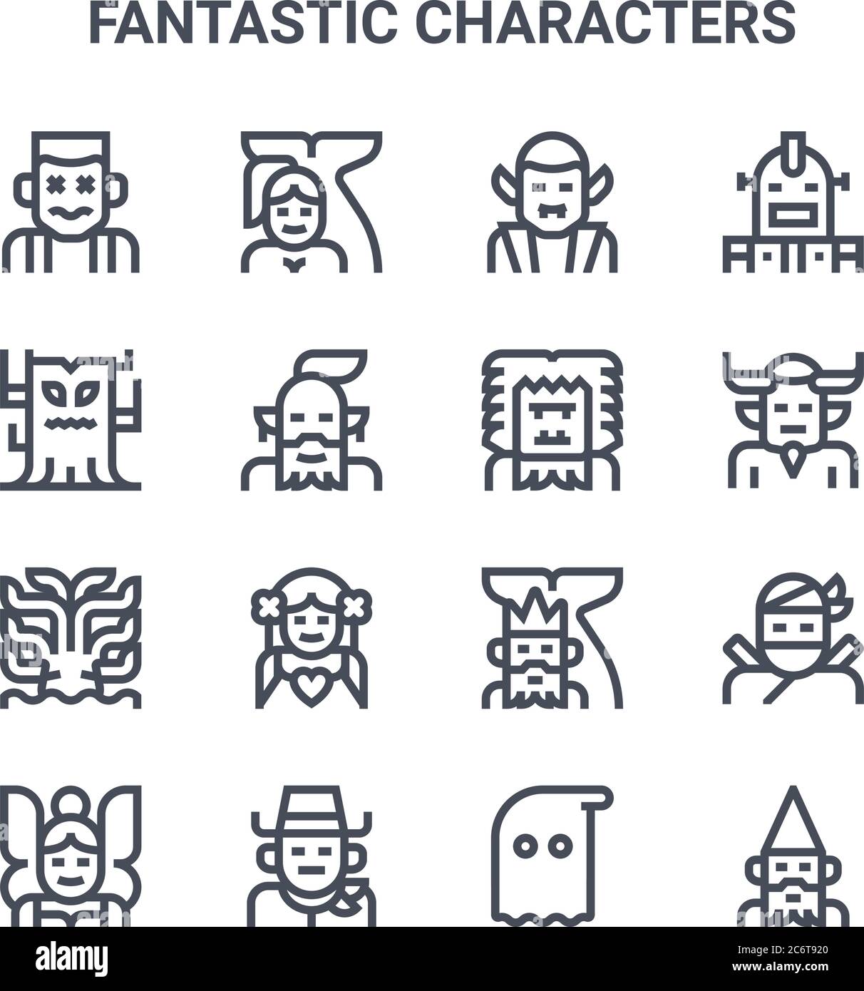 set of 16 fantastic characters concept vector line icons. 64x64 thin stroke icons such as mermaid, tree, demon, poseidon, cowboy, gnome, ghost, yeti, Stock Vector