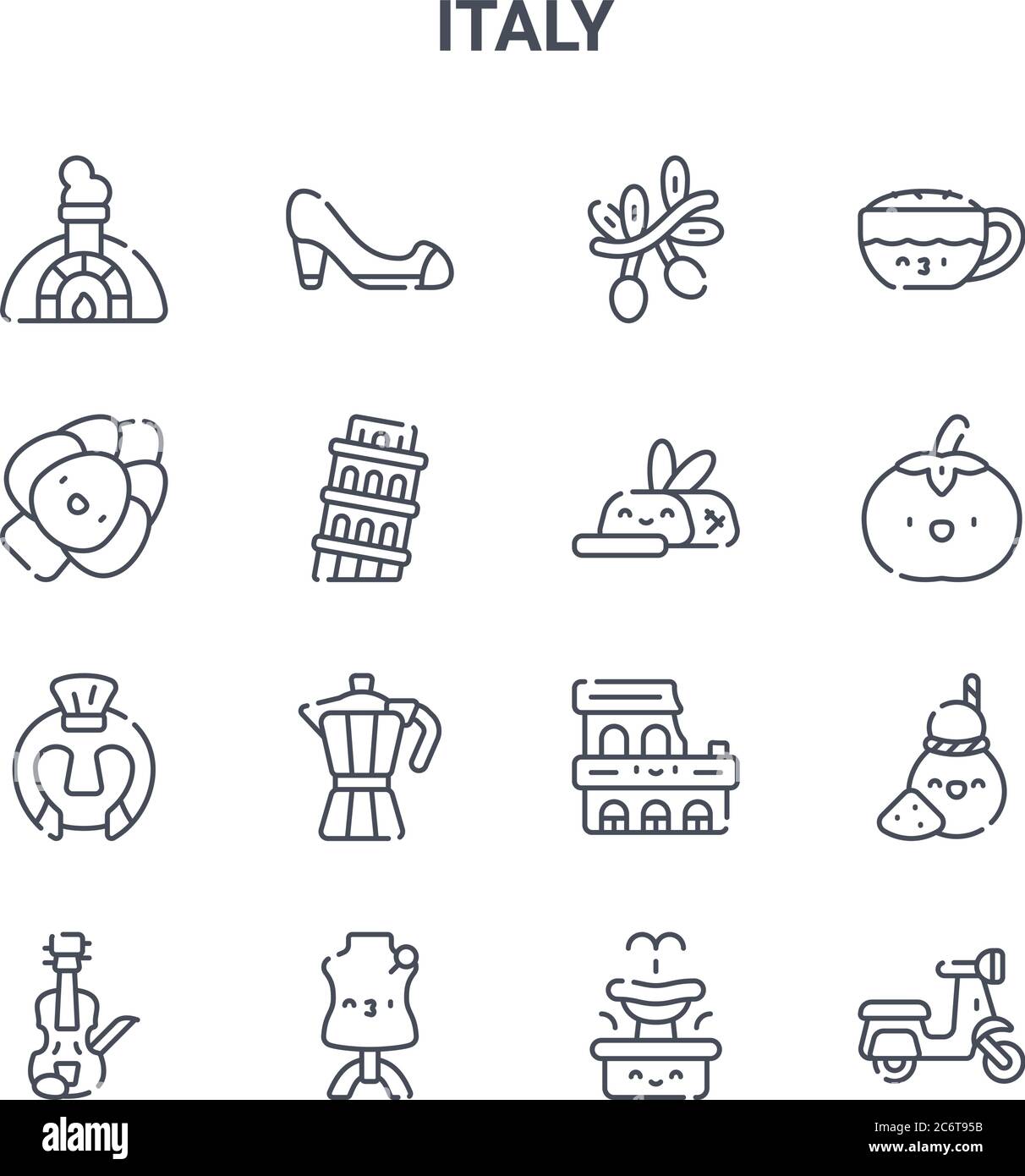 set of 16 italy concept vector line icons. 64x64 thin stroke icons such as high heel, artichoke, tomato, coliseum, mannequin, scooter, fountain, steak Stock Vector
