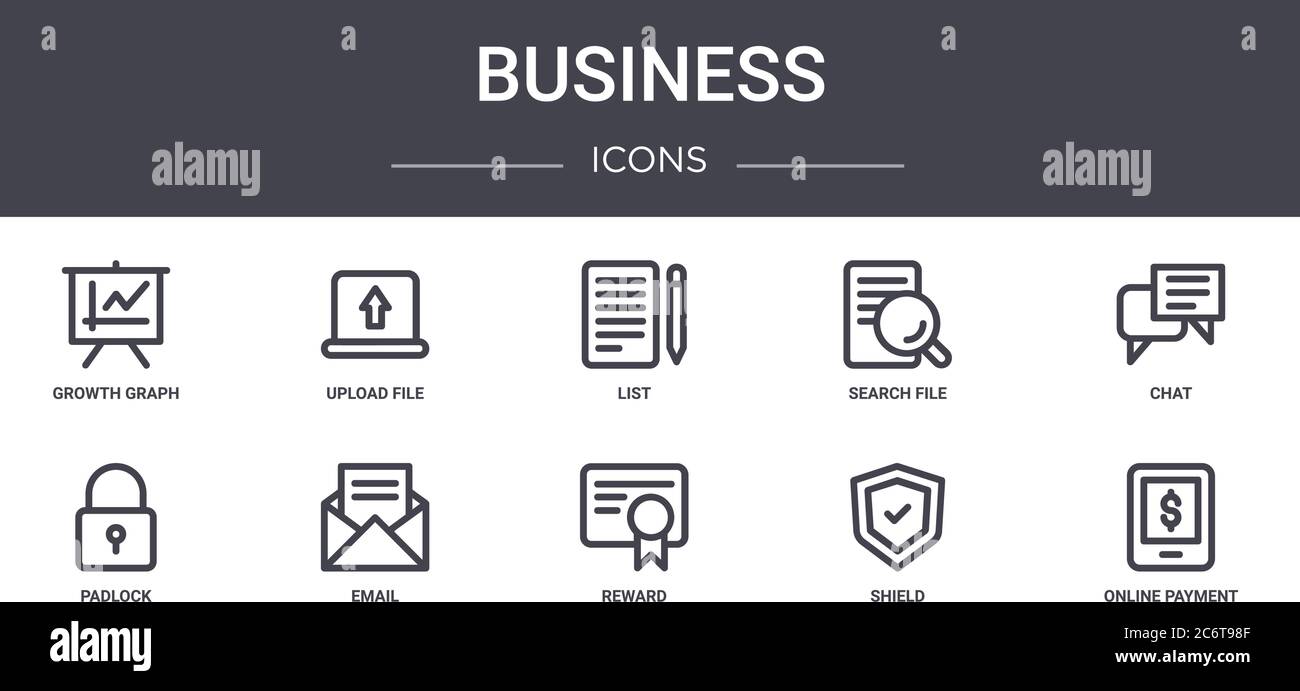 business concept line icons set. contains icons usable for web, logo, ui/ux such as upload file, search file, padlock, reward, shield, online payment, Stock Vector