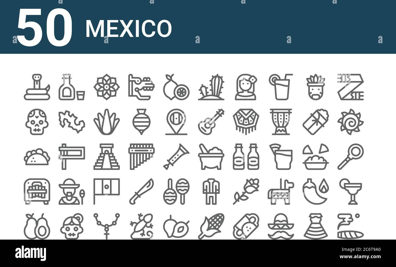 set of 50 mexico icons. outline thin line icons such as cigar, avocado ...