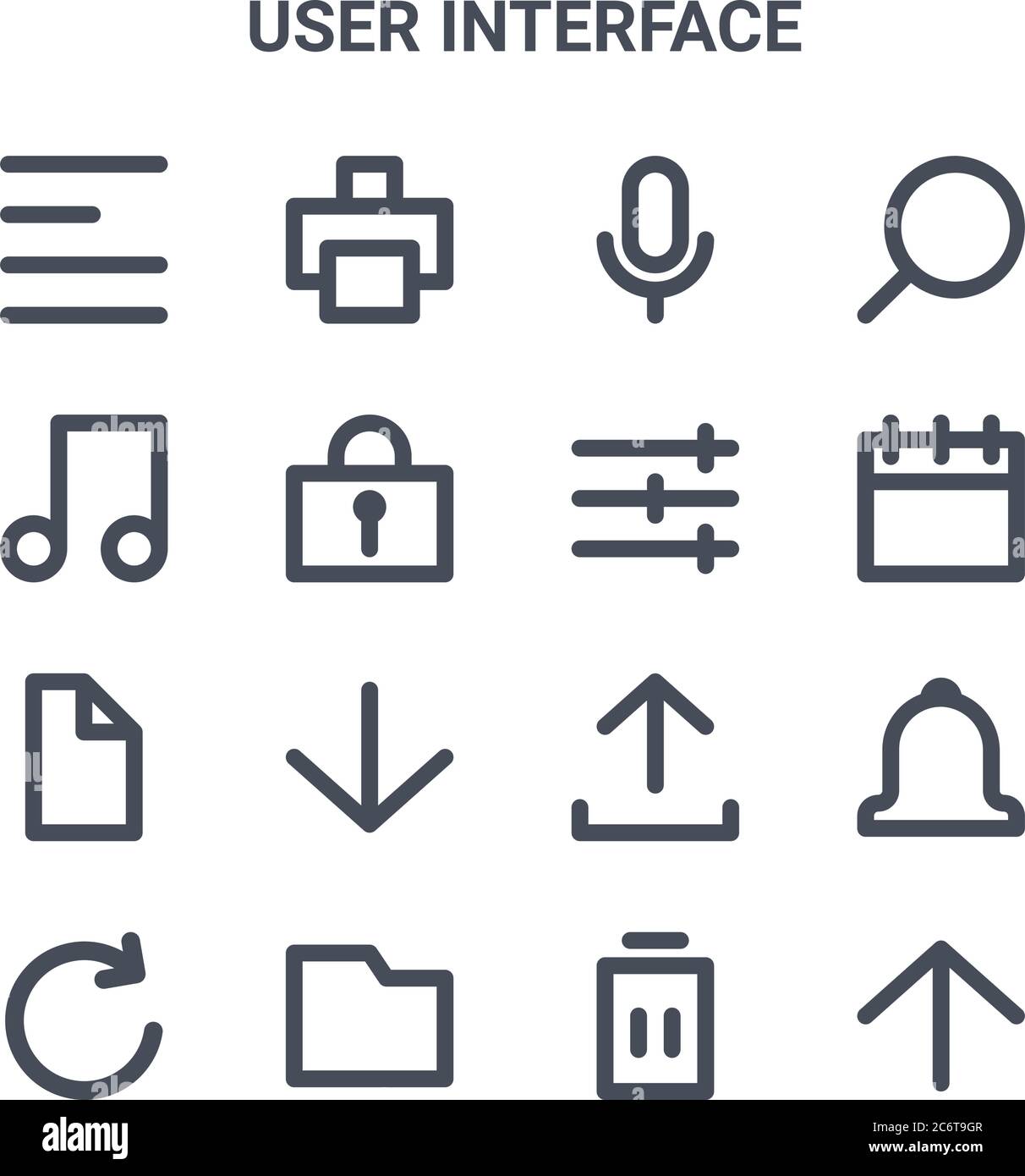 set of 16 user interface concept vector line icons. 64x64 thin stroke icons such as print, music, timeline, upload, folder, up arrow, delete, setting, Stock Vector