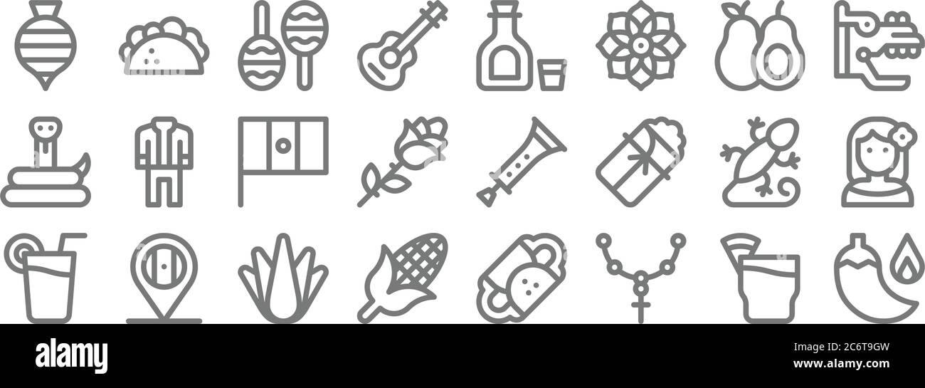 mexico line icons. linear set. quality vector line set such as chili, cross, corn, lime, gecko, mexican flag, quetzalcoalt, tequila, taco Stock Vector