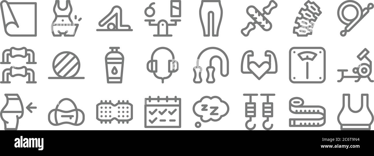 pilates line icons. linear set. quality vector line set such as top, hook, calendar, diet, scales, water bottle, resistance band, pants, diet Stock Vector