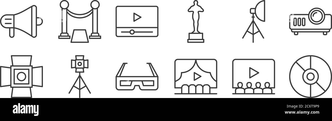 12 set of linear cinema icons. thin outline icons such as dvd, theater ...