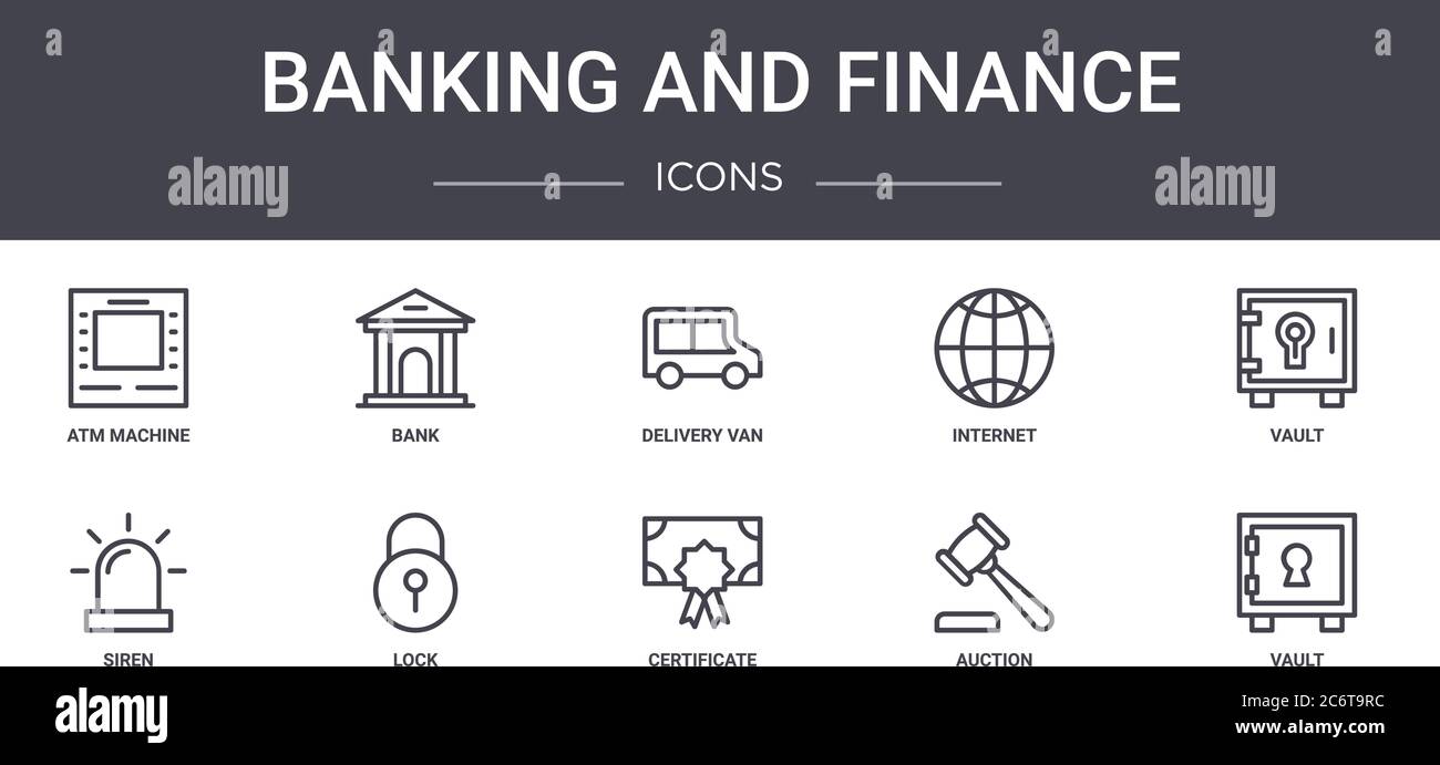 banking and finance concept line icons set. contains icons usable for web, logo, ui/ux such as bank, internet, siren, certificate, auction, vault, vau Stock Vector