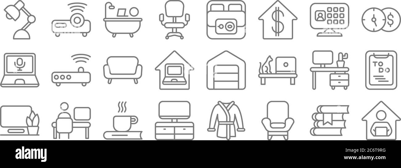 home office line icons. linear set. quality vector line set such as home, armchair, television, computer, desk, sofa, money, breakfast, projector Stock Vector