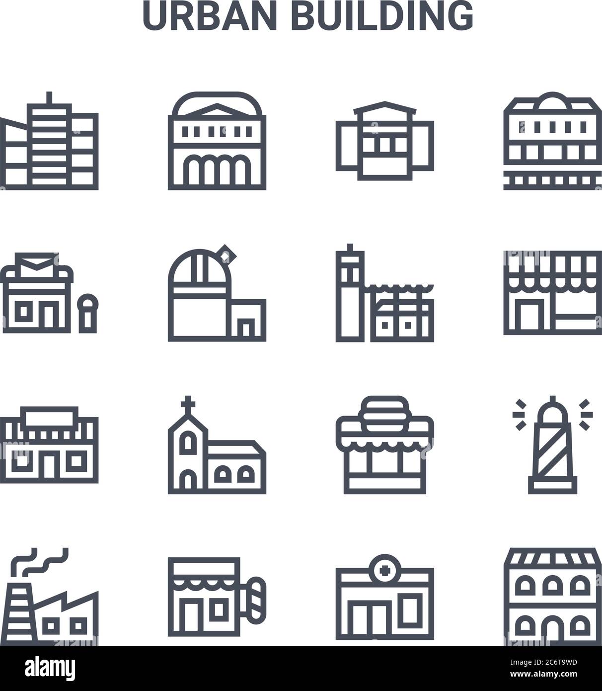 set of 16 urban building concept vector line icons. 64x64 thin stroke icons such as theatre, post office, shop, burger, hairdresser, bullring, pharmac Stock Vector