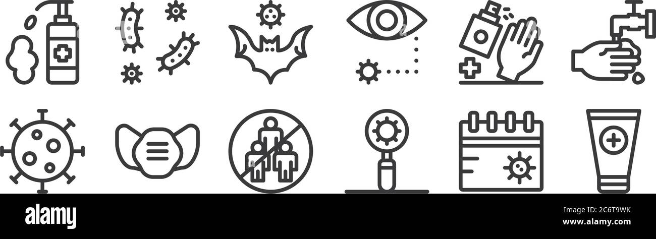 12 set of linear coronavirus icons. thin outline icons such as ...