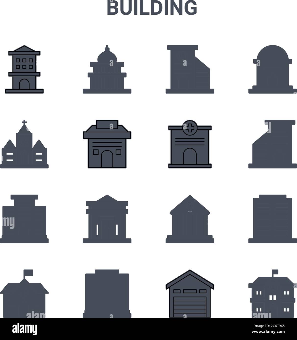 set of 16 building concept vector line icons. 64x64 thin stroke icons such as mosque, church, apartment, courthouse, enterprise, school, storehouse, h Stock Vector