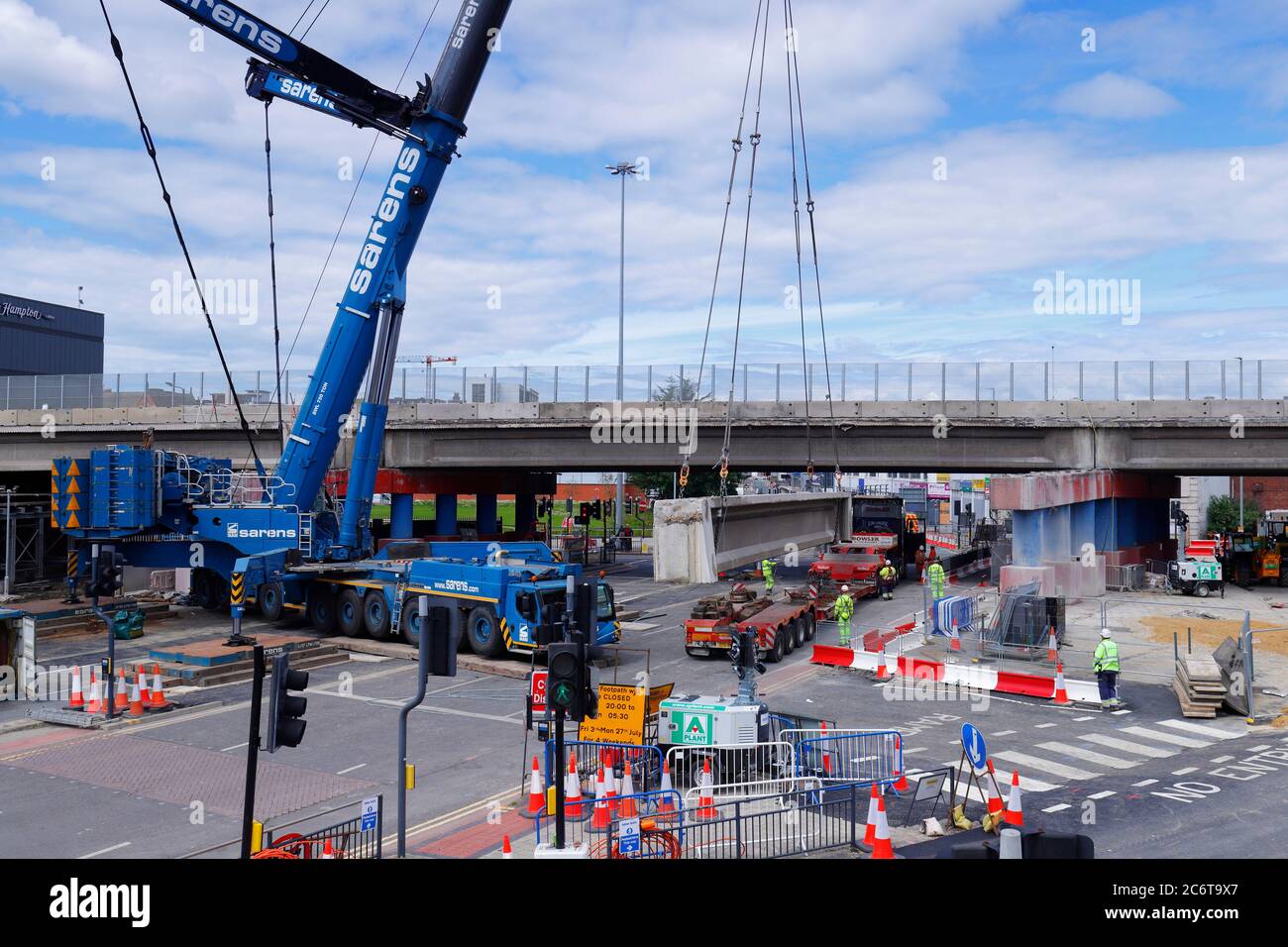 Demolition of Regent Street Flyover in Leeds. A Liebherr LTM 1750 crane from Sarens, lifts
