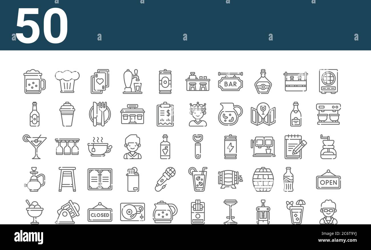 set of 50 bar icons. outline thin line icons such as doorman, ice cream ...