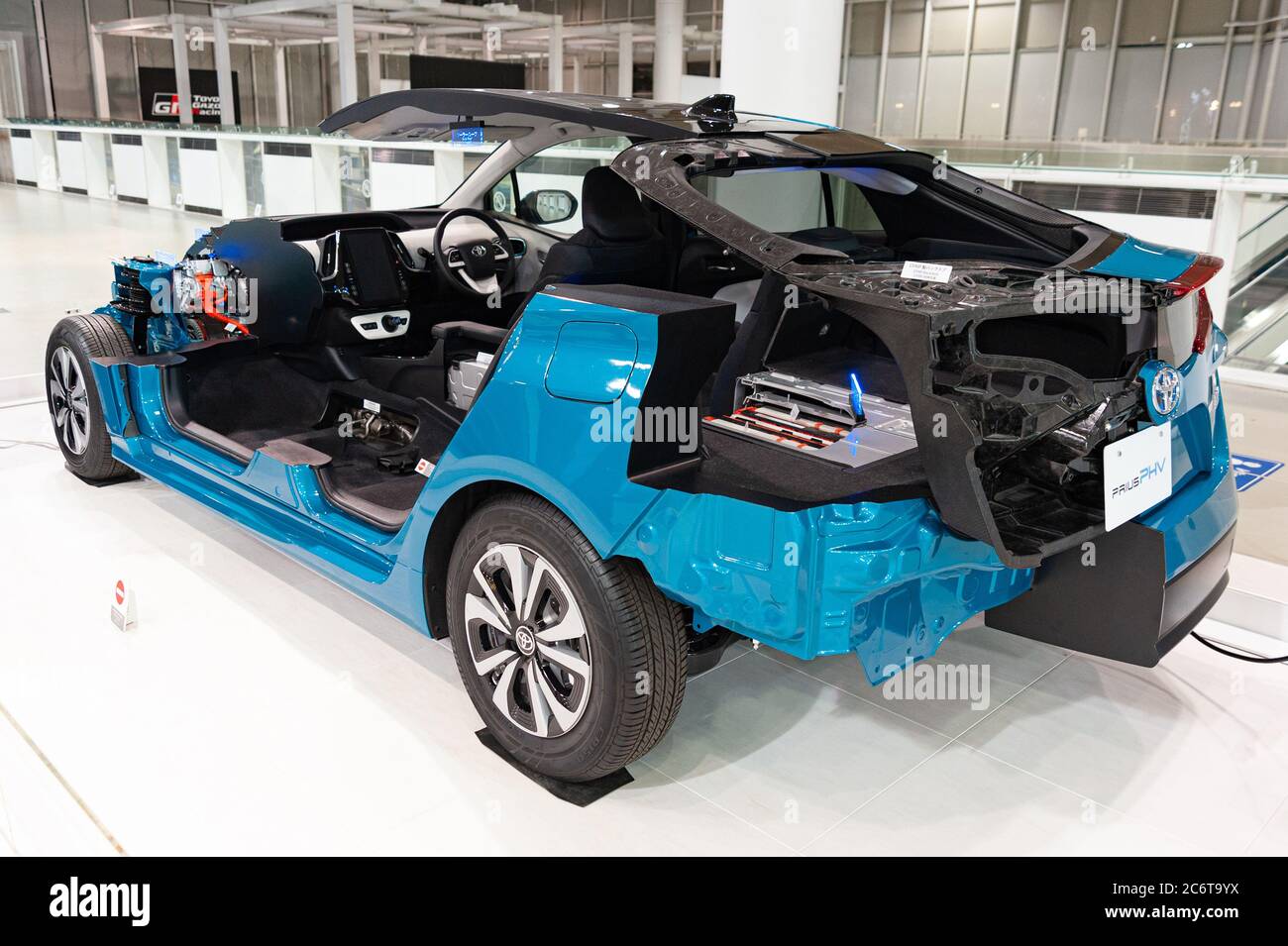 Odaiba, Tokyo, Japan - January 2, 2020: Toyota Prius Plug-in Hybrid, also known as Prius PHV and Prius Prime (U.S.). Perpendicular view. Stock Photo