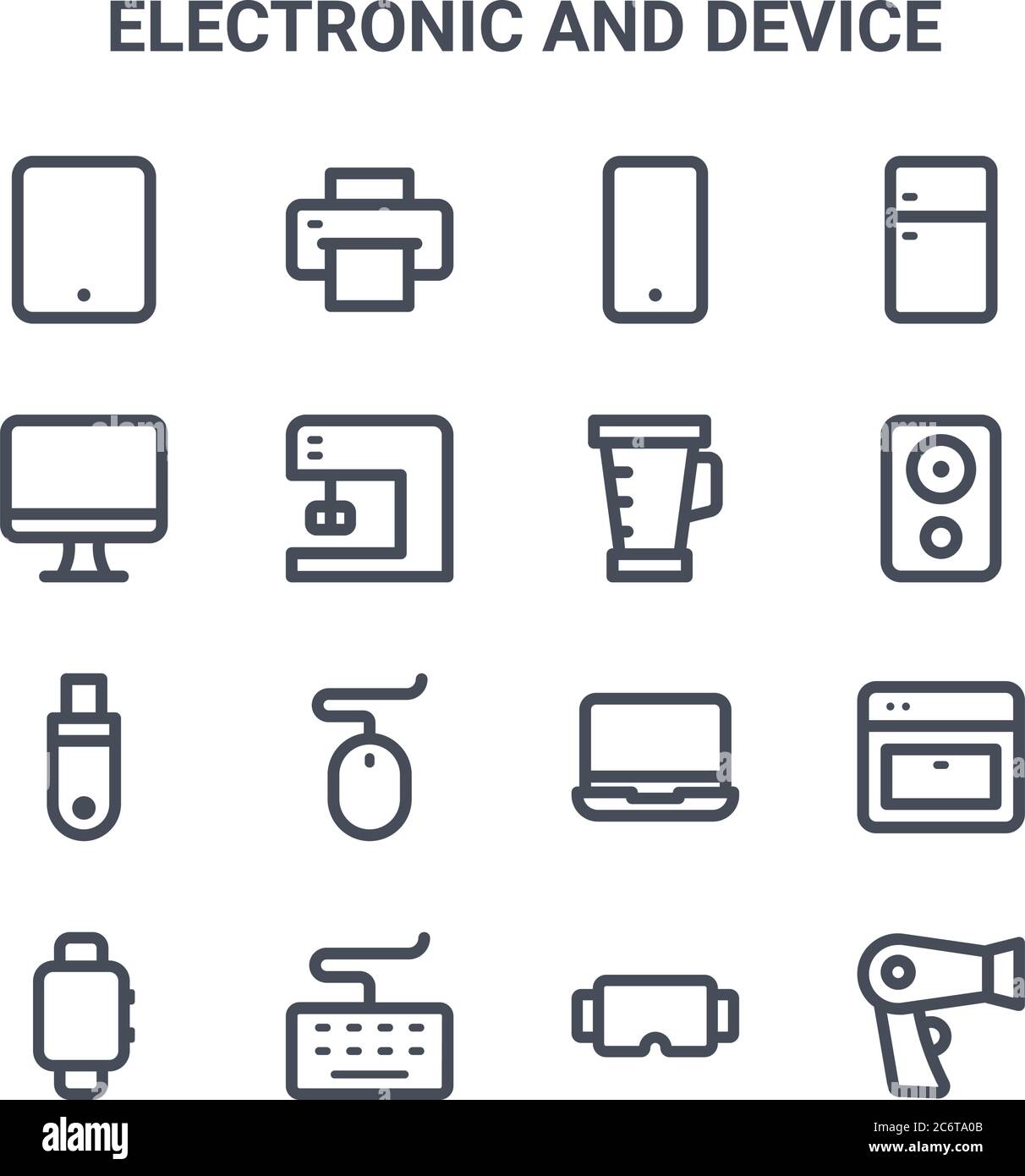 set of 16 electronic and device concept vector line icons. 64x64 thin stroke icons such as printer, monitor, speaker, laptop, keyboard, hair dryer, vi Stock Vector