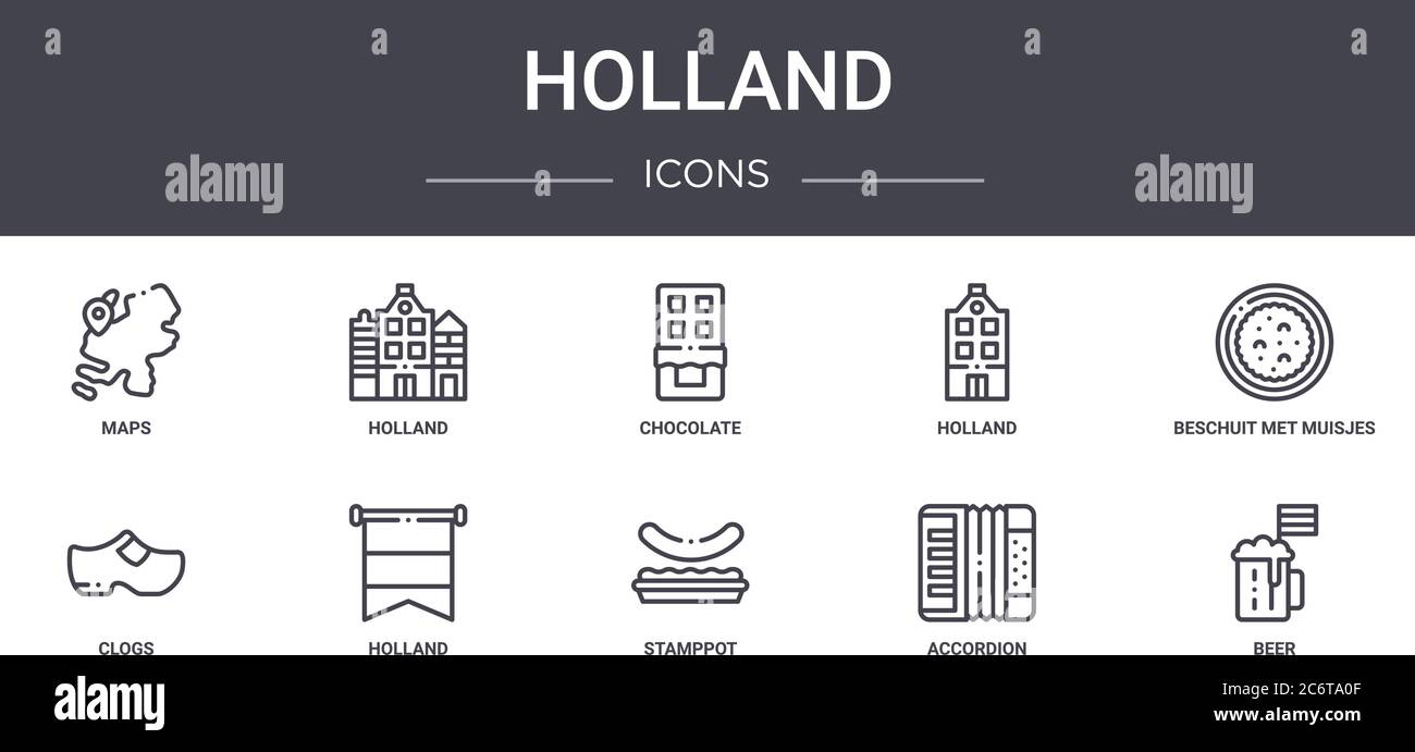 holland concept line icons set. contains icons usable for web, logo, ui/ux such as holland, holland, clogs, stamppot, accordion, beer, beschuit met mu Stock Vector