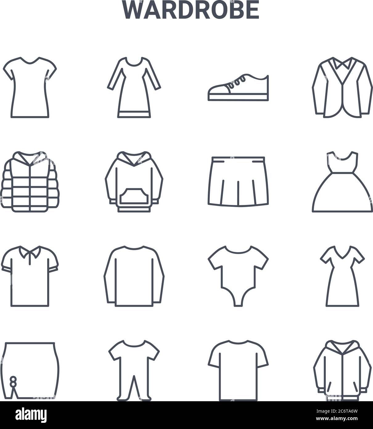 set of 16 wardrobe concept vector line icons. 64x64 thin stroke icons such as long dress, winter jacket, gown, baby clothes, baby cloth, hoodie, t shi Stock Vector