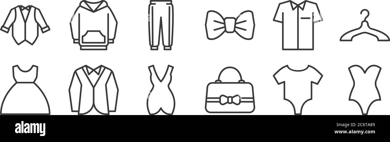 12 set of linear wardrobe icons. thin outline icons such as swimsuit, handbag, tuxedo, uniform, trousers, hoodie for web, mobile Stock Vector