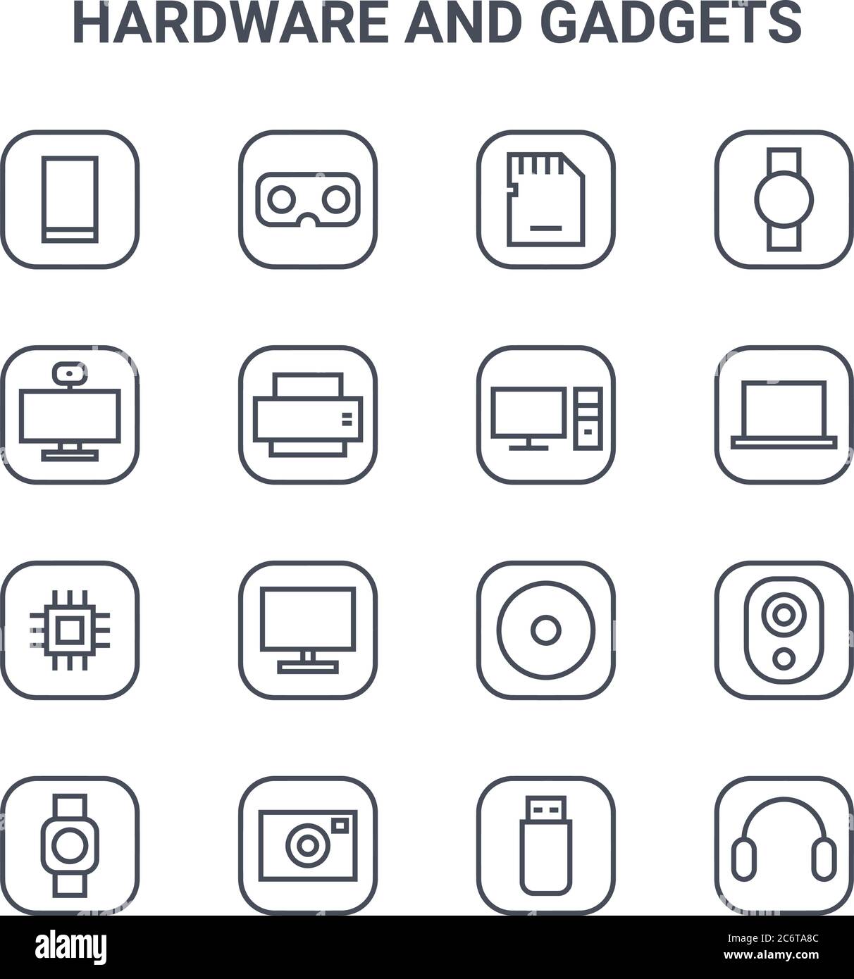 set of 16 hardware and gadgets concept vector line icons. 64x64 thin ...