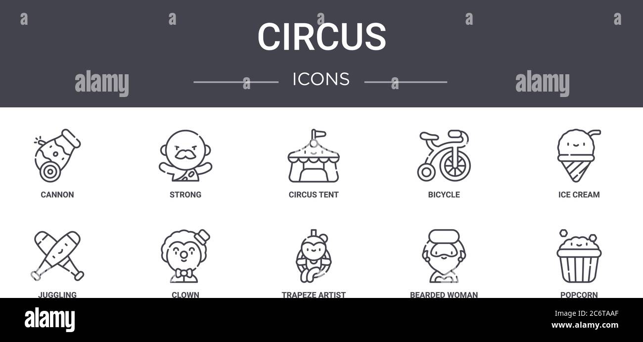 circus concept line icons set. contains icons usable for web, logo, ui/ux such as strong, bicycle, juggling, trapeze artist, bearded woman, popcorn, i Stock Vector
