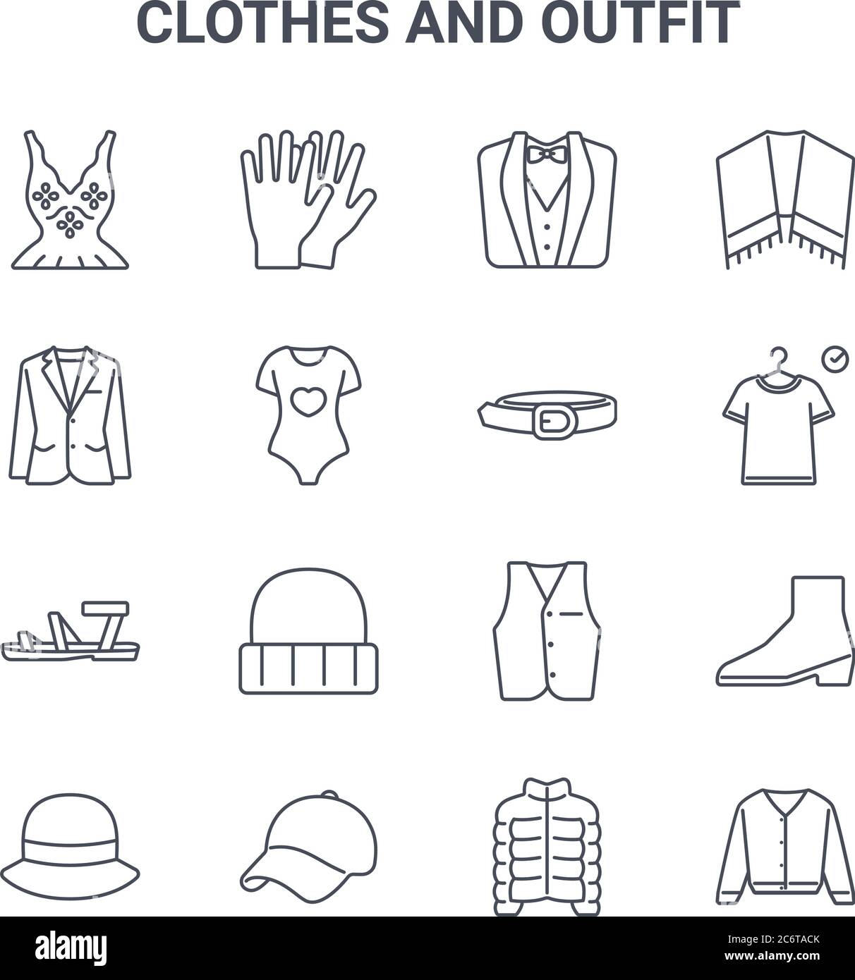 set of 16 clothes and outfit concept vector line icons. 64x64 thin stroke icons such as gloves, blazer, fitting room, vest, cap, cardigan, jacket, bel Stock Vector