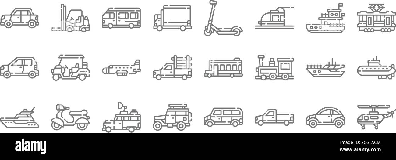 vehicles transports line icons. linear set. quality vector line set ...