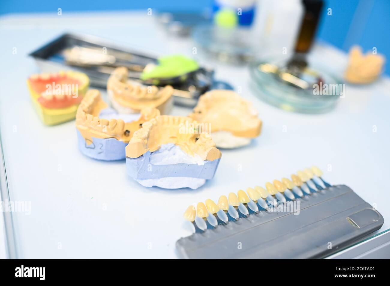 Different professional dental equipment, instruments and tools in a