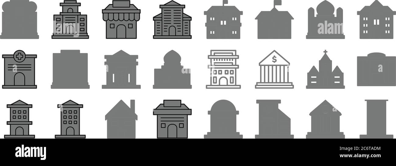 building line icons. linear set. quality vector line set such as skyscraper, apartment, shop, apartment, church, government, college, school, hotel Stock Vector