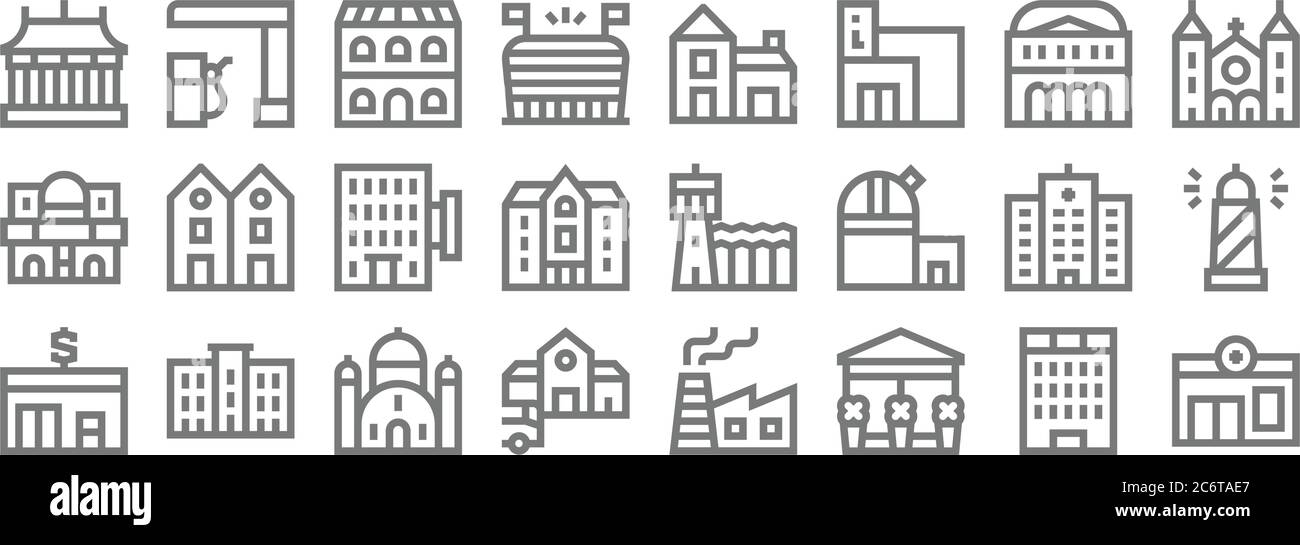 urban building line icons. linear set. quality vector line set such as pharmacy, florist, bus station, bank, hospital, hostel, cathedral, house, gas s Stock Vector