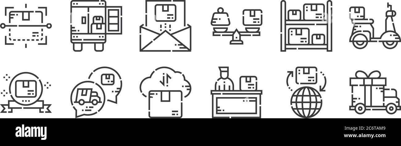 12 set of linear delivery icons. thin outline icons such as gift ...