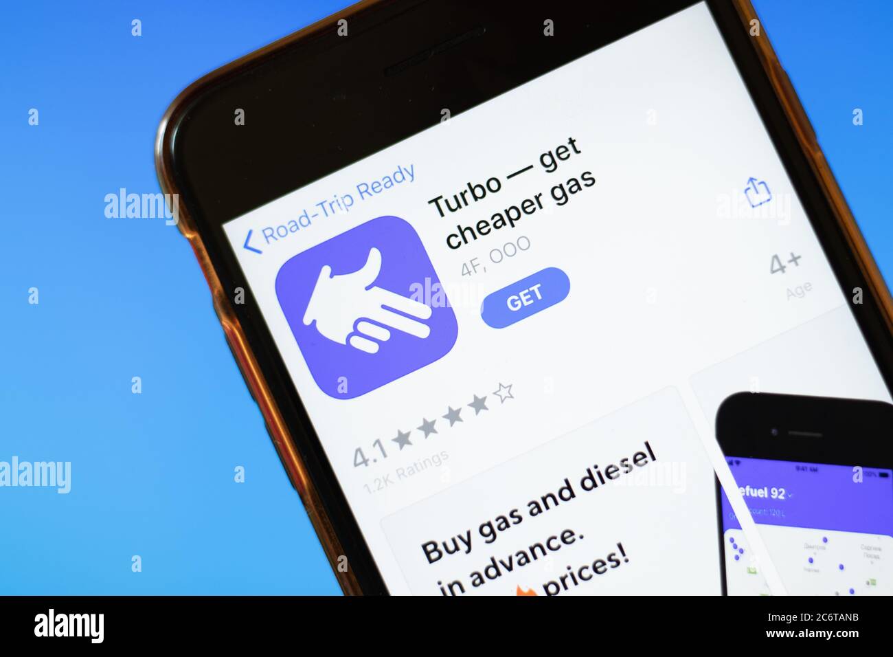 Moscow, Russia 1 June 2020 Turbo get cheaper gas app logo on smartphone, Illustrative