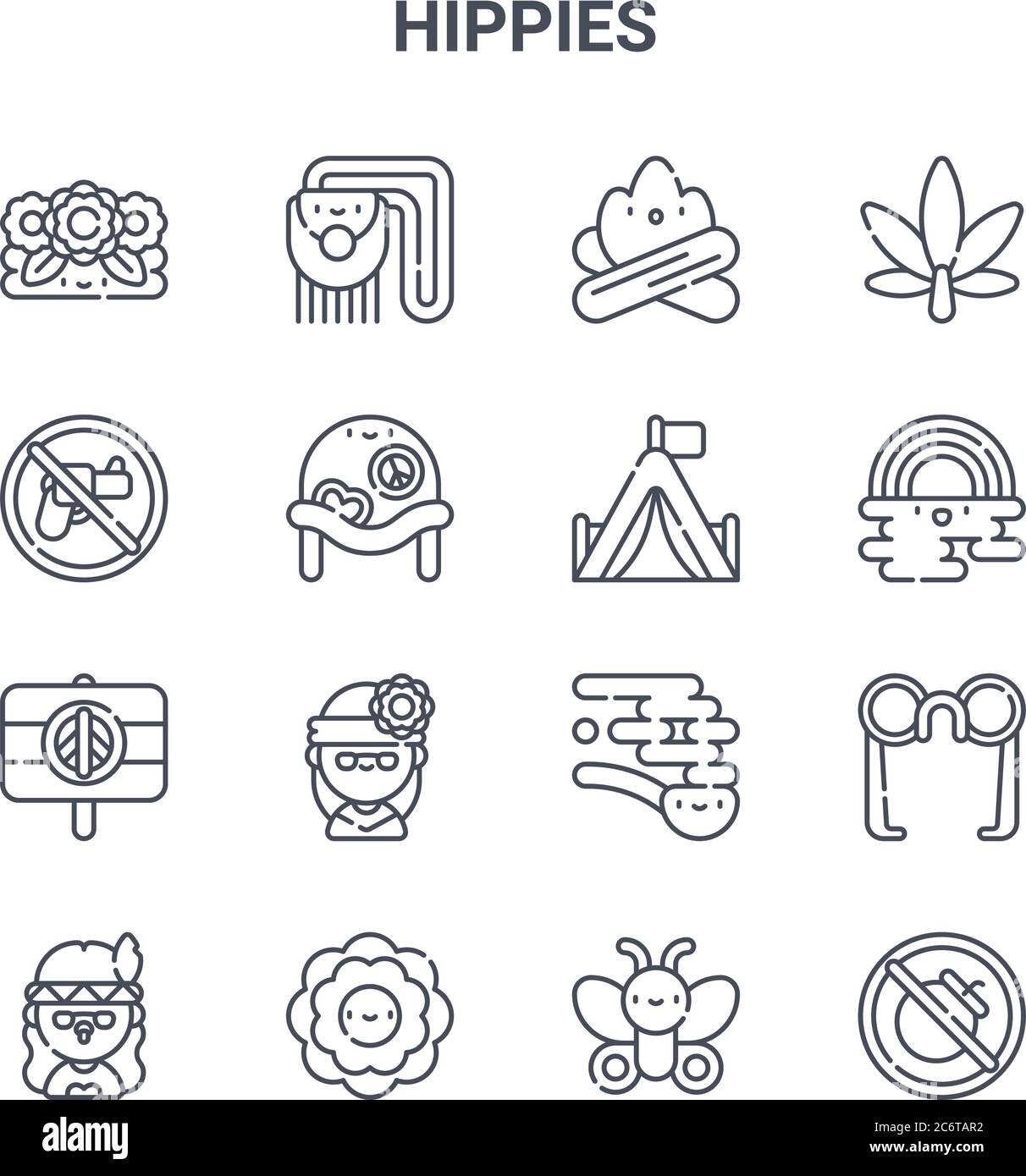 set of 16 hippies concept vector line icons. 64x64 thin stroke icons ...