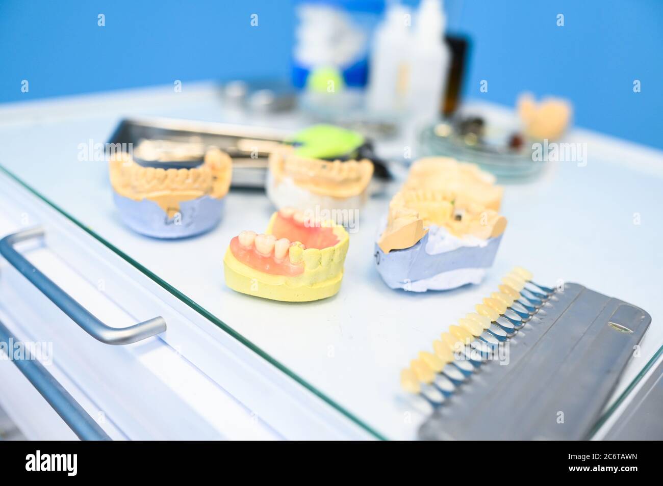 Different professional dental equipment, instruments and tools in a