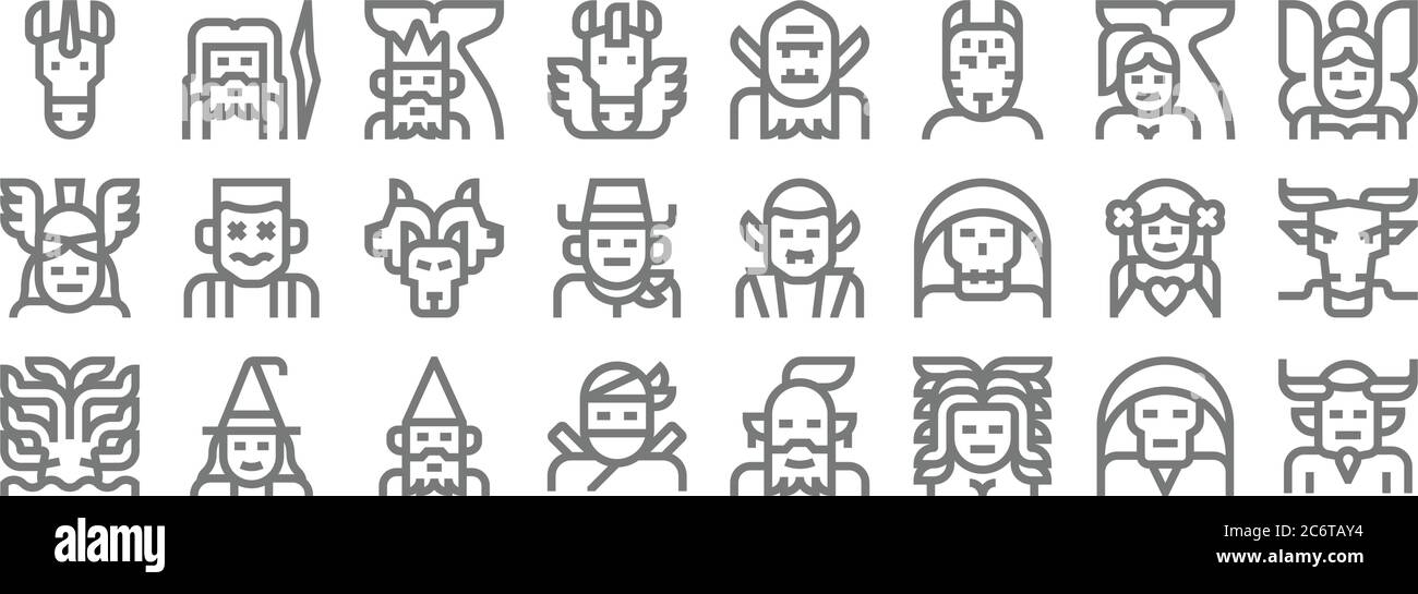 fantastic characters line icons. linear set. quality vector line set such as demon, medusa, ninja, kraken, aphrodite, cerberus, fairy, troll, zeus Stock Vector