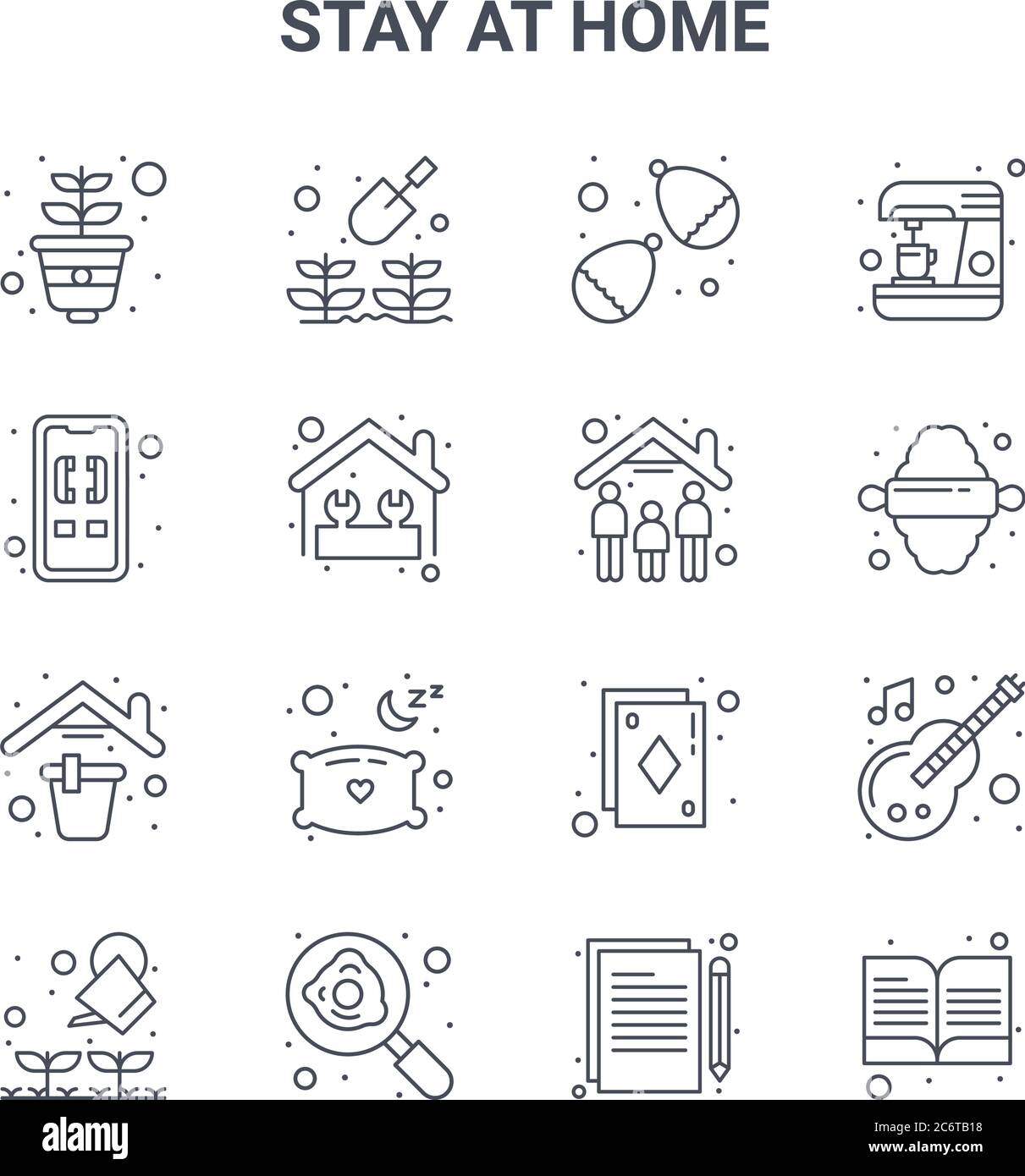 set of 16 stay at home concept vector line icons. 64x64 thin stroke icons such as gardening, incoming call, rolling, playing card, fried egg, book, wr Stock Vector