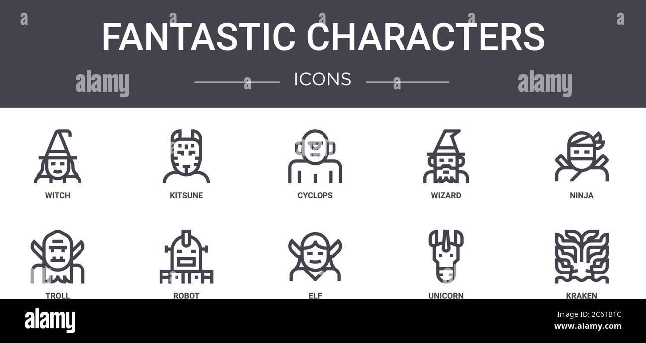 fantastic characters concept line icons set. contains icons usable for web,  logo, ui/ux such as kitsune, wizard, troll, elf, unicorn, kraken, ninja, c  Stock Vector Image & Art - Alamy