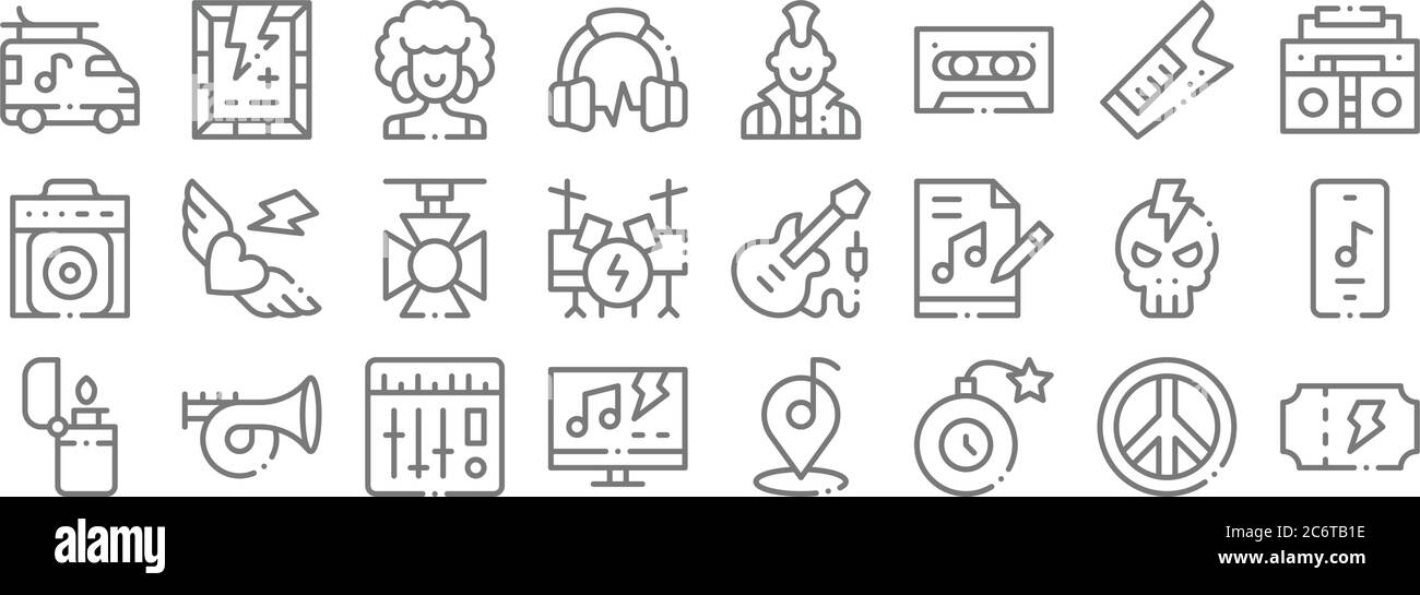 rock n roll line icons. linear set. quality vector line set such as concert ticket, bomb, tv show, lighter, skull, spotlight, boombox, punk, poster Stock Vector