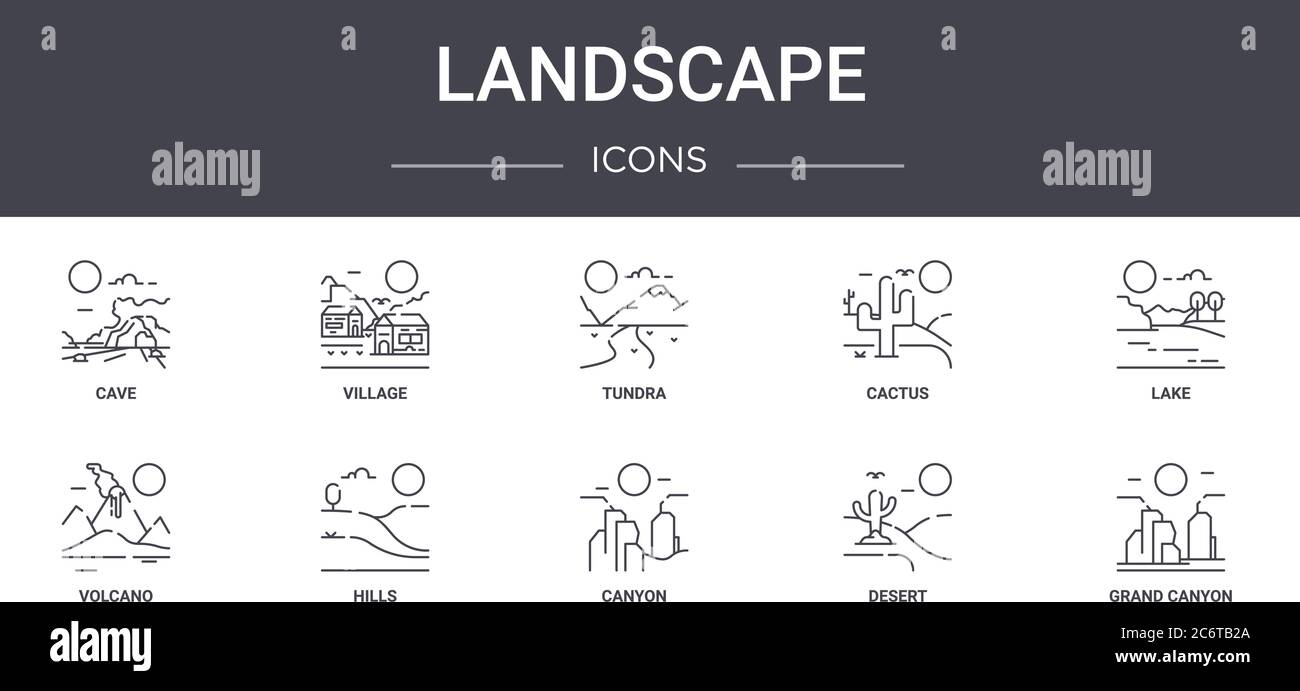 landscape concept line icons set. contains icons usable for web, logo, ui/ux such as village, cactus, volcano, canyon, desert, grand canyon, lake, tun Stock Vector