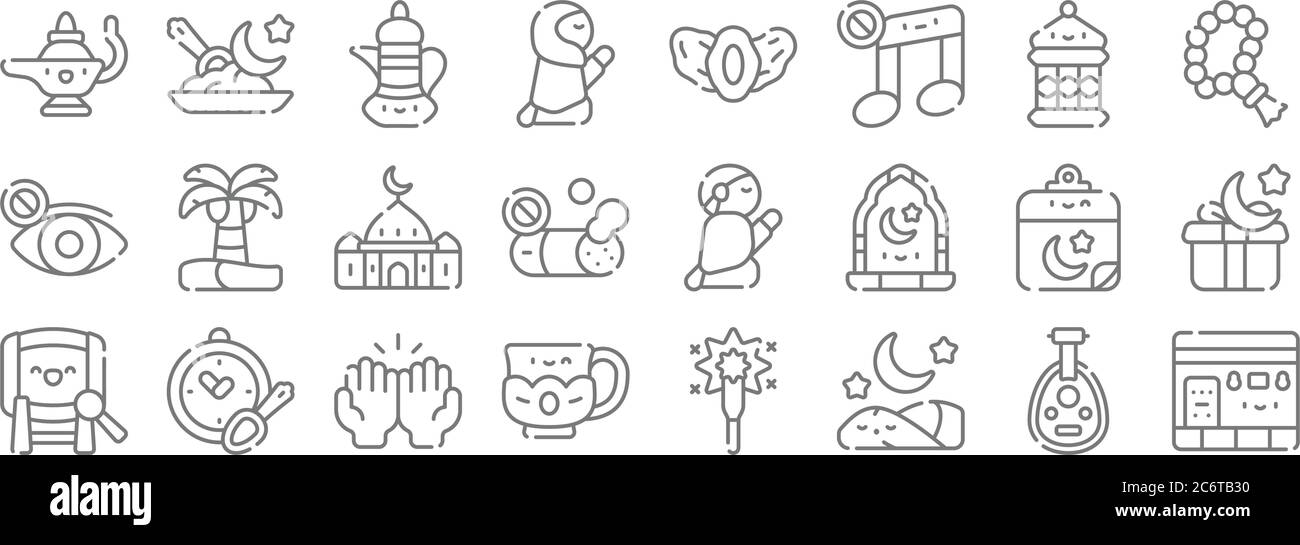ramadan line icons. linear set. quality vector line set such as kaaba, sleeping, tea cup, bedug, calendar, mosque, tasbih, dates, ramadan Stock Vector